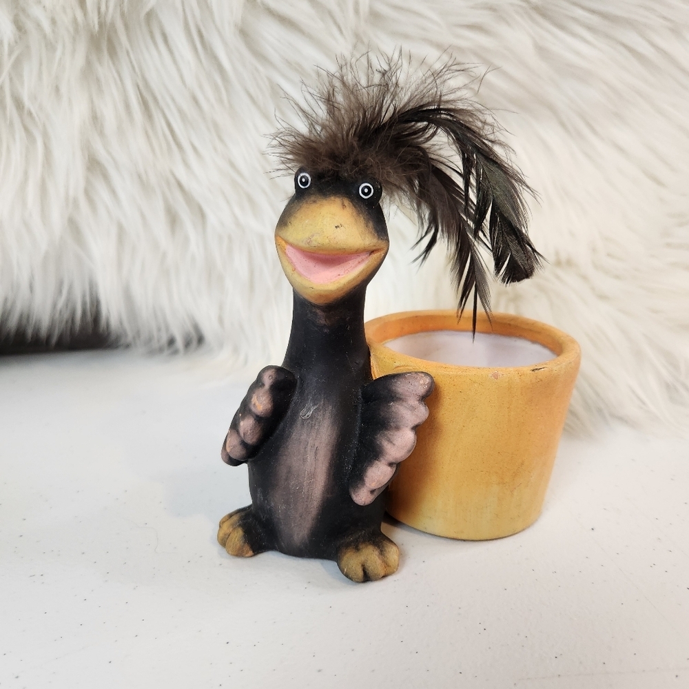 Whimsical Ceramic Crow Bird Planter Crazy Feathers Terracotta Pot Kitsch Vintage